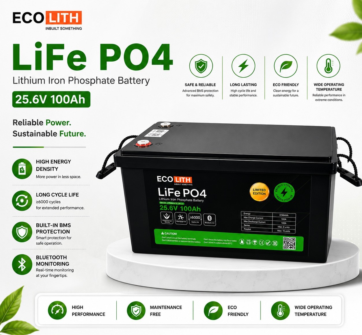 ECOLITH 24V 100AH (25.6V) LiFePO4 Lithium Battery